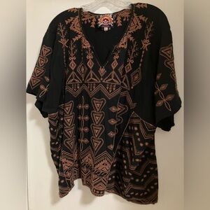 Johnny Was Embroidered V-Neck Top in Black and Rust